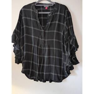 Vince Camuto Blouse Womens Size Large Black White Plaid Tunic Ruffle Sleeves